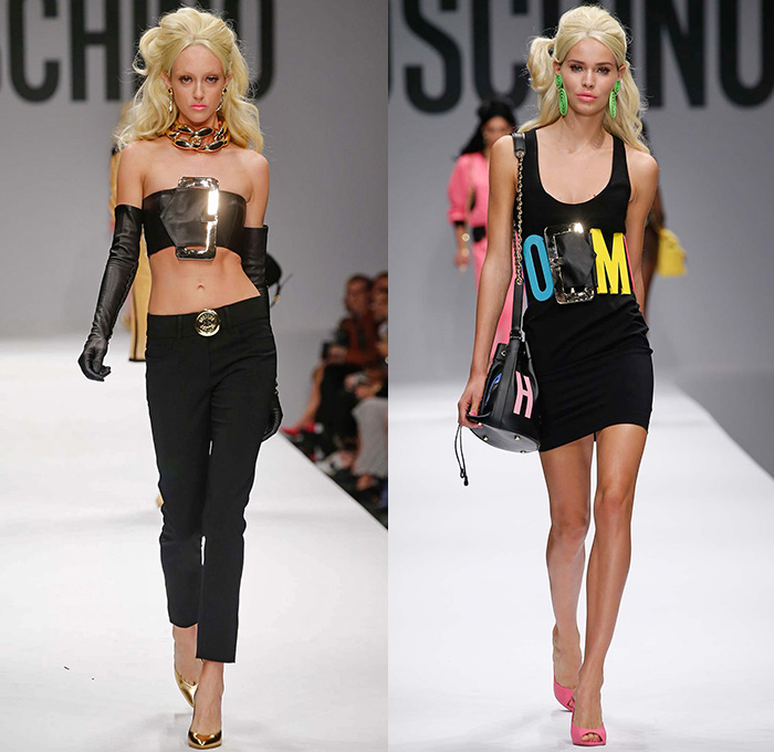 Moschino 2015 Spring Summer Womens Runway Looks - Milano Moda Donna Collezione Milan Fashion Week Italy Jeremy Scott - Barbie Doll Denim Jeans Crop Top Shorts Sweatpants Jogger Sweaterdress Hearts Leather Motorcycle Biker Oversized Chains Sequins Bow Ribbon Gold Metallic Sheer Chiffon Bandeau Belt Flapper Dress Quilted Skirt Frock Outerwear Bomber Jacket Combo Panels Swimsuit Panel Polka Dots Mesh Tulle Puffy