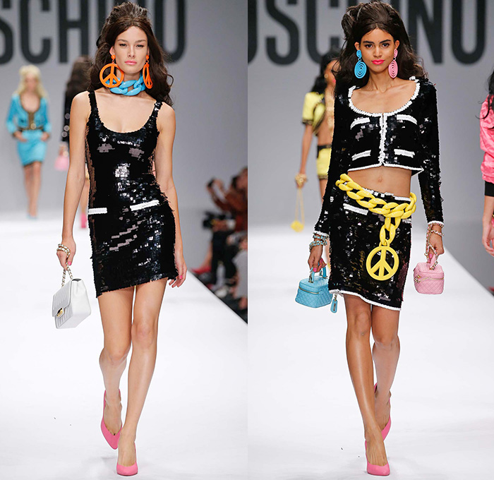 Moschino 2015 Spring Summer Womens Runway Looks - Milano Moda Donna Collezione Milan Fashion Week Italy Jeremy Scott - Barbie Doll Denim Jeans Crop Top Shorts Sweatpants Jogger Sweaterdress Hearts Leather Motorcycle Biker Oversized Chains Sequins Bow Ribbon Gold Metallic Sheer Chiffon Bandeau Belt Flapper Dress Quilted Skirt Frock Outerwear Bomber Jacket Combo Panels Swimsuit Panel Polka Dots Mesh Tulle Puffy