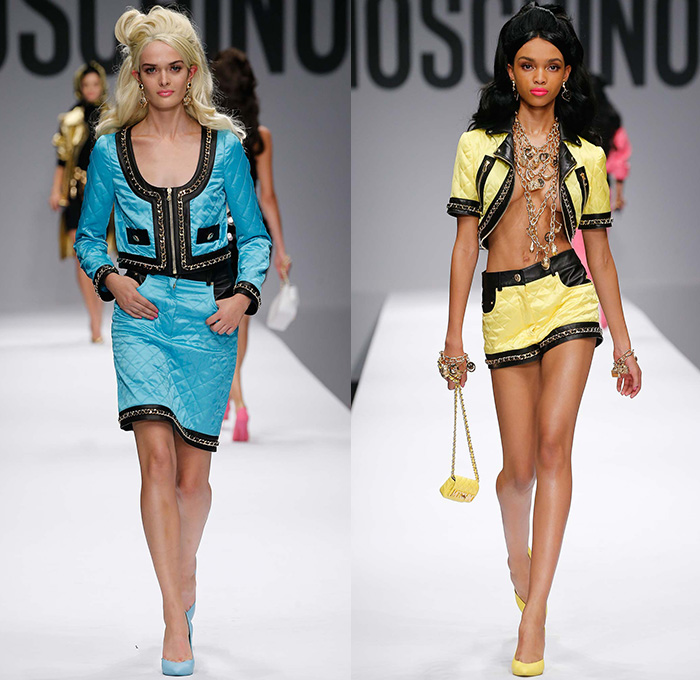 Moschino 2015 Spring Summer Womens Runway Looks - Milano Moda Donna Collezione Milan Fashion Week Italy Jeremy Scott - Barbie Doll Denim Jeans Crop Top Shorts Sweatpants Jogger Sweaterdress Hearts Leather Motorcycle Biker Oversized Chains Sequins Bow Ribbon Gold Metallic Sheer Chiffon Bandeau Belt Flapper Dress Quilted Skirt Frock Outerwear Bomber Jacket Combo Panels Swimsuit Panel Polka Dots Mesh Tulle Puffy