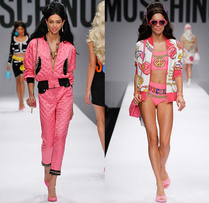 Moschino 2015 Spring Summer Womens Runway Looks - Milano Moda Donna Collezione Milan Fashion Week Italy Jeremy Scott - Barbie Doll Denim Jeans Crop Top Shorts Sweatpants Jogger Sweaterdress Hearts Leather Motorcycle Biker Oversized Chains Sequins Bow Ribbon Gold Metallic Sheer Chiffon Bandeau Belt Flapper Dress Quilted Skirt Frock Outerwear Bomber Jacket Combo Panels Swimsuit Panel Polka Dots Mesh Tulle Puffy