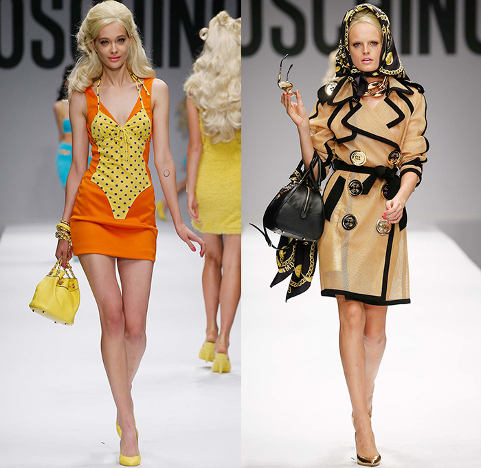 Moschino 2015 Spring Summer Womens Runway Looks - Milano Moda Donna Collezione Milan Fashion Week Italy Jeremy Scott - Barbie Doll Denim Jeans Crop Top Shorts Sweatpants Jogger Sweaterdress Hearts Leather Motorcycle Biker Oversized Chains Sequins Bow Ribbon Gold Metallic Sheer Chiffon Bandeau Belt Flapper Dress Quilted Skirt Frock Outerwear Bomber Jacket Combo Panels Swimsuit Panel Polka Dots Mesh Tulle Puffy