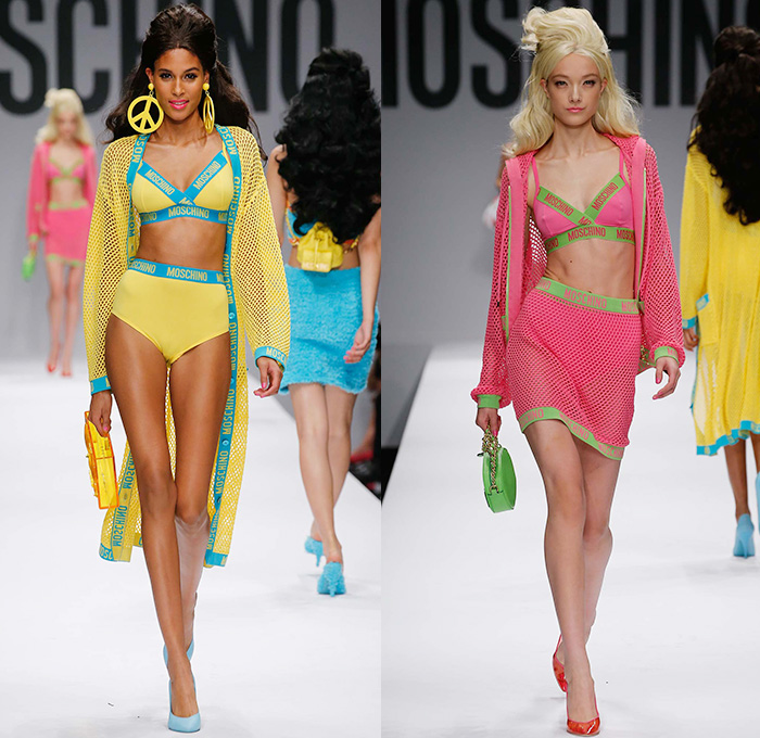 Moschino 2015 Spring Summer Womens Runway Looks - Milano Moda Donna Collezione Milan Fashion Week Italy Jeremy Scott - Barbie Doll Denim Jeans Crop Top Shorts Sweatpants Jogger Sweaterdress Hearts Leather Motorcycle Biker Oversized Chains Sequins Bow Ribbon Gold Metallic Sheer Chiffon Bandeau Belt Flapper Dress Quilted Skirt Frock Outerwear Bomber Jacket Combo Panels Swimsuit Panel Polka Dots Mesh Tulle Puffy