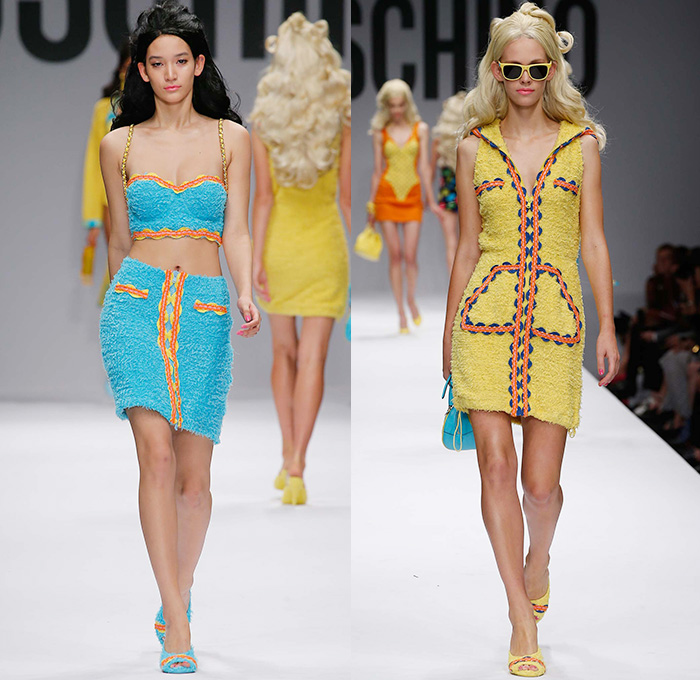 Moschino 2015 Spring Summer Womens Runway Looks - Milano Moda Donna Collezione Milan Fashion Week Italy Jeremy Scott - Barbie Doll Denim Jeans Crop Top Shorts Sweatpants Jogger Sweaterdress Hearts Leather Motorcycle Biker Oversized Chains Sequins Bow Ribbon Gold Metallic Sheer Chiffon Bandeau Belt Flapper Dress Quilted Skirt Frock Outerwear Bomber Jacket Combo Panels Swimsuit Panel Polka Dots Mesh Tulle Puffy