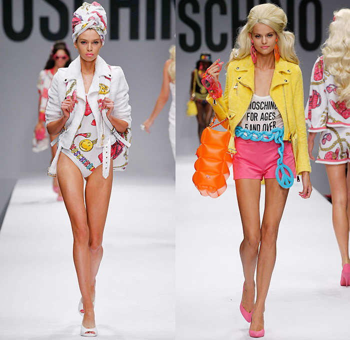 Moschino 2015 Spring Summer Womens Runway Looks - Milano Moda Donna Collezione Milan Fashion Week Italy Jeremy Scott - Barbie Doll Denim Jeans Crop Top Shorts Sweatpants Jogger Sweaterdress Hearts Leather Motorcycle Biker Oversized Chains Sequins Bow Ribbon Gold Metallic Sheer Chiffon Bandeau Belt Flapper Dress Quilted Skirt Frock Outerwear Bomber Jacket Combo Panels Swimsuit Panel Polka Dots Mesh Tulle Puffy