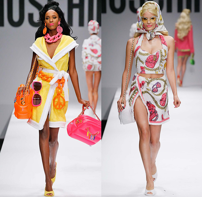 Moschino 2015 Spring Summer Womens Runway Looks - Milano Moda Donna Collezione Milan Fashion Week Italy Jeremy Scott - Barbie Doll Denim Jeans Crop Top Shorts Sweatpants Jogger Sweaterdress Hearts Leather Motorcycle Biker Oversized Chains Sequins Bow Ribbon Gold Metallic Sheer Chiffon Bandeau Belt Flapper Dress Quilted Skirt Frock Outerwear Bomber Jacket Combo Panels Swimsuit Panel Polka Dots Mesh Tulle Puffy