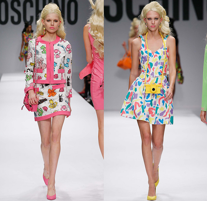 Moschino 2015 Spring Summer Womens Runway Looks - Milano Moda Donna Collezione Milan Fashion Week Italy Jeremy Scott - Barbie Doll Denim Jeans Crop Top Shorts Sweatpants Jogger Sweaterdress Hearts Leather Motorcycle Biker Oversized Chains Sequins Bow Ribbon Gold Metallic Sheer Chiffon Bandeau Belt Flapper Dress Quilted Skirt Frock Outerwear Bomber Jacket Combo Panels Swimsuit Panel Polka Dots Mesh Tulle Puffy