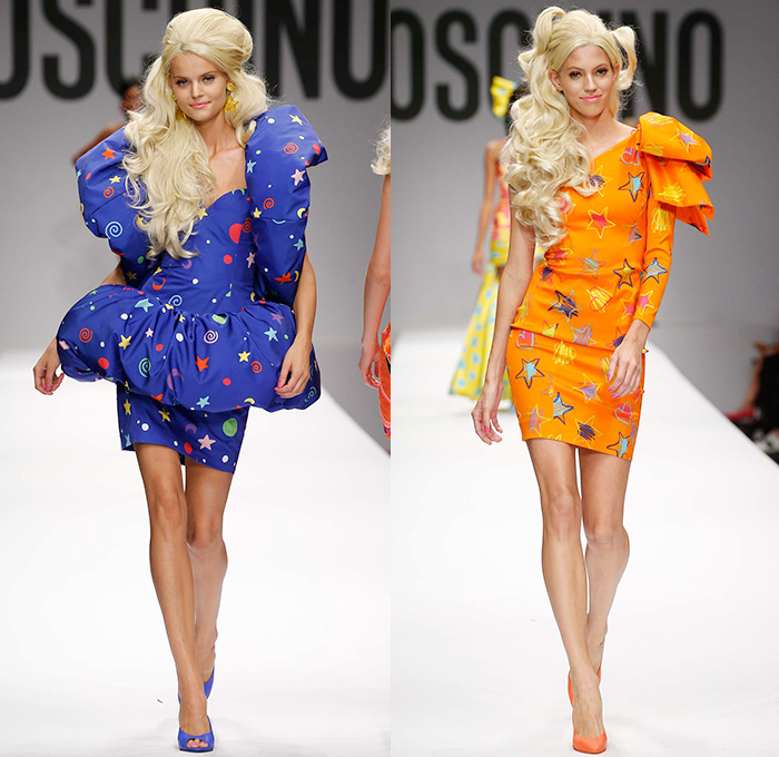 Moschino 2015 Spring Summer Womens Runway Looks - Milano Moda Donna Collezione Milan Fashion Week Italy Jeremy Scott - Barbie Doll Denim Jeans Crop Top Shorts Sweatpants Jogger Sweaterdress Hearts Leather Motorcycle Biker Oversized Chains Sequins Bow Ribbon Gold Metallic Sheer Chiffon Bandeau Belt Flapper Dress Quilted Skirt Frock Outerwear Bomber Jacket Combo Panels Swimsuit Panel Polka Dots Mesh Tulle Puffy