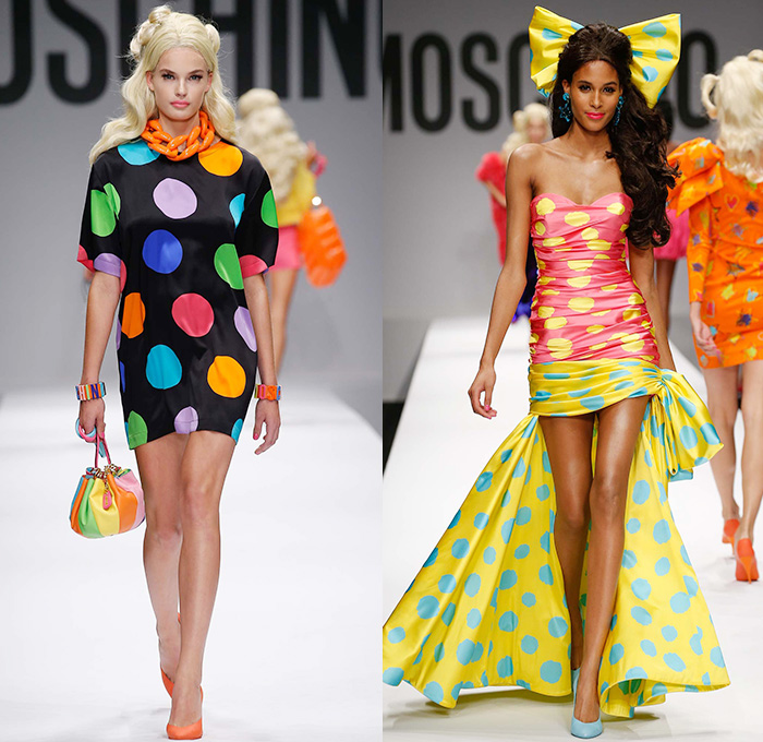 Moschino 2015 Spring Summer Womens Runway Looks - Milano Moda Donna Collezione Milan Fashion Week Italy Jeremy Scott - Barbie Doll Denim Jeans Crop Top Shorts Sweatpants Jogger Sweaterdress Hearts Leather Motorcycle Biker Oversized Chains Sequins Bow Ribbon Gold Metallic Sheer Chiffon Bandeau Belt Flapper Dress Quilted Skirt Frock Outerwear Bomber Jacket Combo Panels Swimsuit Panel Polka Dots Mesh Tulle Puffy