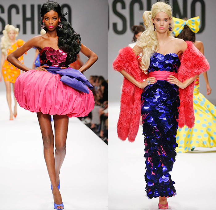 Moschino 2015 Spring Summer Womens Runway Looks - Milano Moda Donna Collezione Milan Fashion Week Italy Jeremy Scott - Barbie Doll Denim Jeans Crop Top Shorts Sweatpants Jogger Sweaterdress Hearts Leather Motorcycle Biker Oversized Chains Sequins Bow Ribbon Gold Metallic Sheer Chiffon Bandeau Belt Flapper Dress Quilted Skirt Frock Outerwear Bomber Jacket Combo Panels Swimsuit Panel Polka Dots Mesh Tulle Puffy