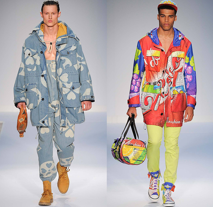 Moschino 2015 Spring Summer Mens Runway Looks - London Collections: Men British Fashion Council UK United Kingdom Jeremy Scott- Denim Jeans Hearts Peace Sign Bib Brace Overalls Checks Outerwear Parka Coat Oversized Pop Art Coca Cola Coke Graphic Motif Print Suit Blazer Soda Can Bomber Jacket Shorts Smiley Flags Pin Up Buttons Duffel Bag Motorcycle Biker Stripes Sandals Sweatshirt Multi-Panel Tuxedo Monogram Anorak Mesh Vest