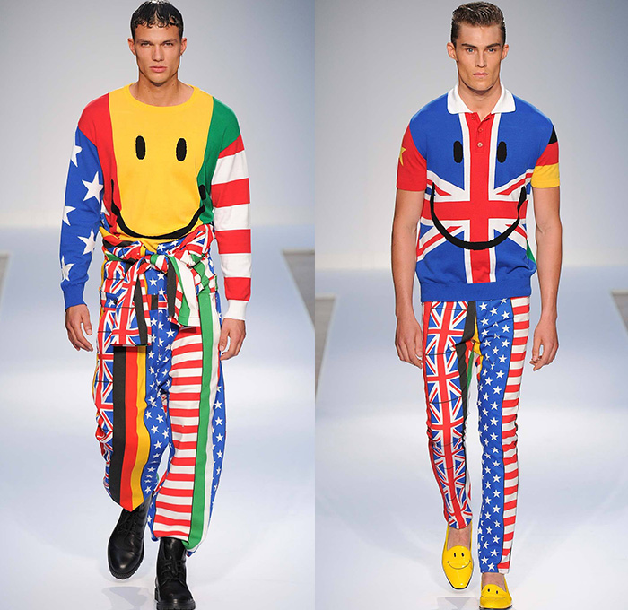 Moschino 2015 Spring Summer Mens Runway Looks - London Collections: Men British Fashion Council UK United Kingdom Jeremy Scott- Denim Jeans Hearts Peace Sign Bib Brace Overalls Checks Outerwear Parka Coat Oversized Pop Art Coca Cola Coke Graphic Motif Print Suit Blazer Soda Can Bomber Jacket Shorts Smiley Flags Pin Up Buttons Duffel Bag Motorcycle Biker Stripes Sandals Sweatshirt Multi-Panel Tuxedo Monogram Anorak Mesh Vest