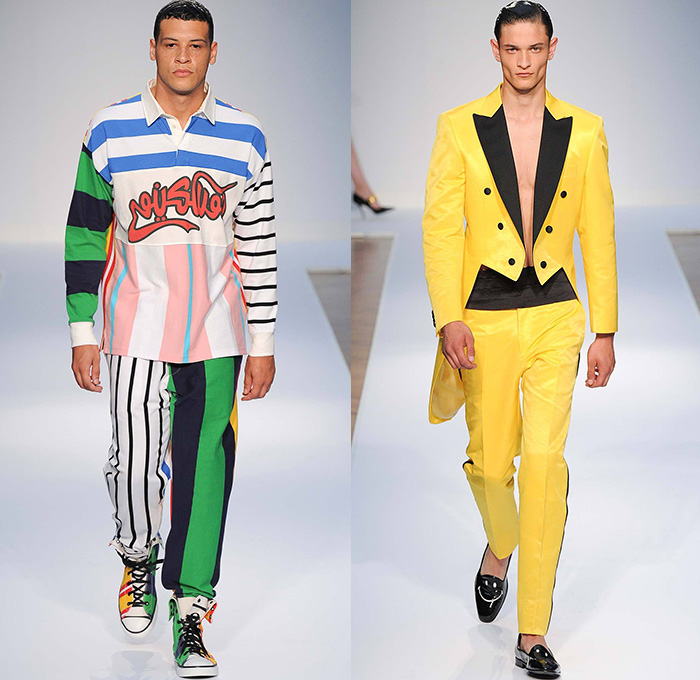 Moschino 2015 Spring Summer Mens Runway Looks - London Collections: Men British Fashion Council UK United Kingdom Jeremy Scott- Denim Jeans Hearts Peace Sign Bib Brace Overalls Checks Outerwear Parka Coat Oversized Pop Art Coca Cola Coke Graphic Motif Print Suit Blazer Soda Can Bomber Jacket Shorts Smiley Flags Pin Up Buttons Duffel Bag Motorcycle Biker Stripes Sandals Sweatshirt Multi-Panel Tuxedo Monogram Anorak Mesh Vest