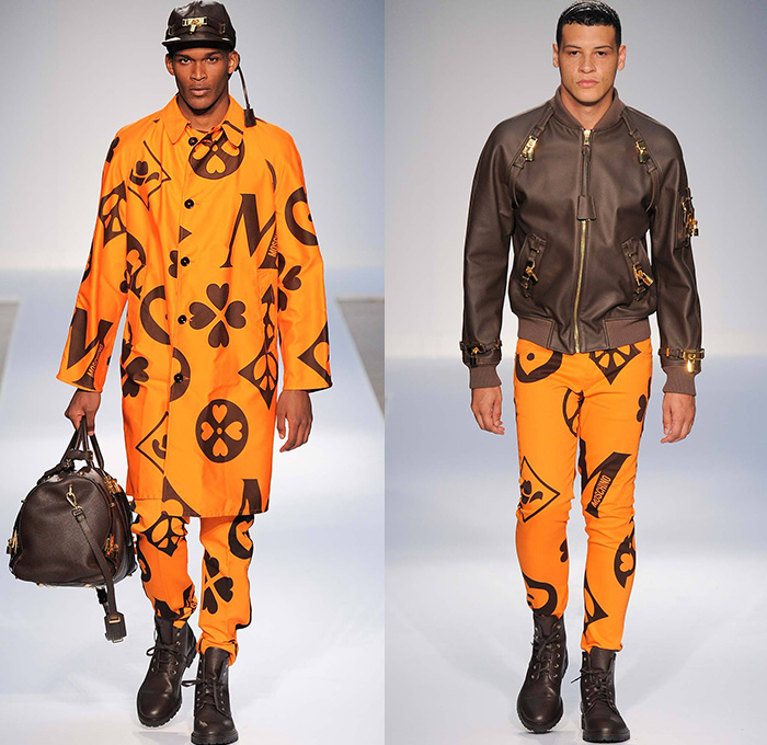 Moschino 2015 Spring Summer Mens Runway Looks - London Collections: Men British Fashion Council UK United Kingdom Jeremy Scott- Denim Jeans Hearts Peace Sign Bib Brace Overalls Checks Outerwear Parka Coat Oversized Pop Art Coca Cola Coke Graphic Motif Print Suit Blazer Soda Can Bomber Jacket Shorts Smiley Flags Pin Up Buttons Duffel Bag Motorcycle Biker Stripes Sandals Sweatshirt Multi-Panel Tuxedo Monogram Anorak Mesh Vest