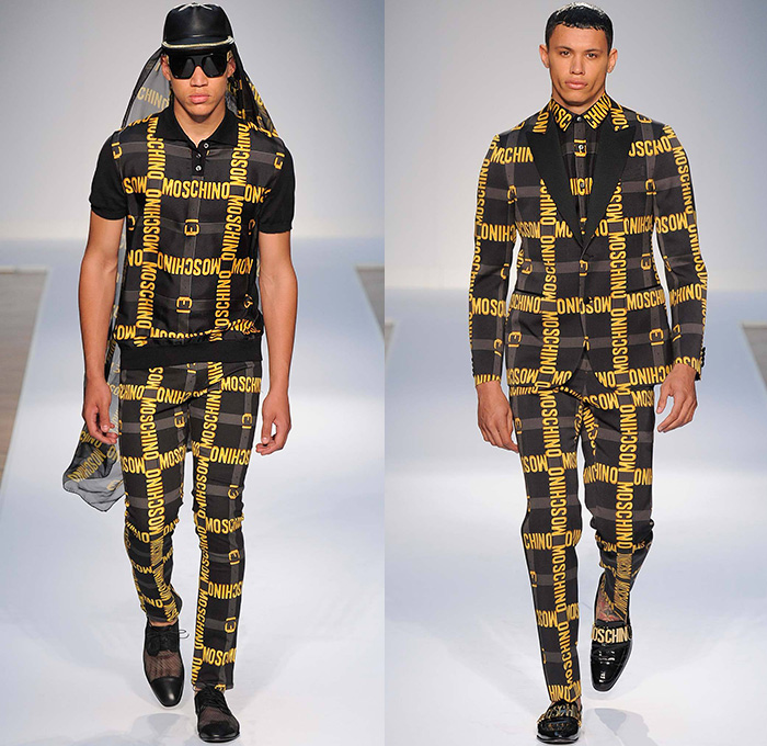 Moschino 2015 Spring Summer Mens Runway Looks - London Collections: Men British Fashion Council UK United Kingdom Jeremy Scott- Denim Jeans Hearts Peace Sign Bib Brace Overalls Checks Outerwear Parka Coat Oversized Pop Art Coca Cola Coke Graphic Motif Print Suit Blazer Soda Can Bomber Jacket Shorts Smiley Flags Pin Up Buttons Duffel Bag Motorcycle Biker Stripes Sandals Sweatshirt Multi-Panel Tuxedo Monogram Anorak Mesh Vest