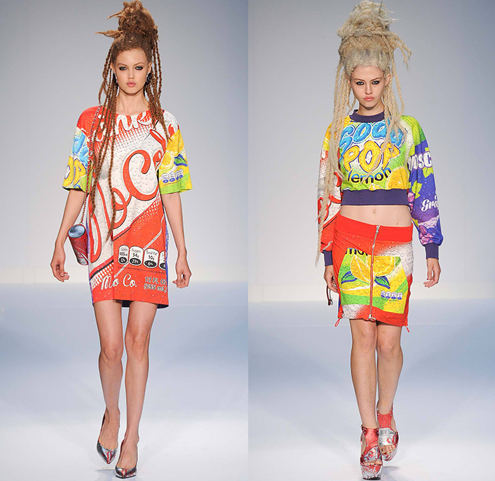 Moschino 2015 Spring Summer Womens Runway Looks - London Collections: Men British Fashion Council UK United Kingdom Jeremy Scott - Denim Jeans Hearts Halter Top Skirt Frock Crop Top Midriff Braid Hairstyle Bralette Peace Sign Soda Can Pop Art Coca-Cola Coke Graphic Motif Print Shirtdress Sweater Jumper Zippers Stripes Bandeau Jogging Sweatpants Mesh Leather Tankdress Robe Swim Bikini Smiley Bomber Jacket Coatdress Anorak 