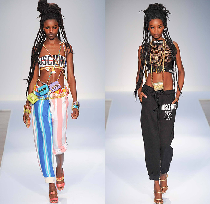 Moschino 2015 Spring Summer Womens Runway Looks - London Collections: Men British Fashion Council UK United Kingdom Jeremy Scott - Denim Jeans Hearts Halter Top Skirt Frock Crop Top Midriff Braid Hairstyle Bralette Peace Sign Soda Can Pop Art Coca-Cola Coke Graphic Motif Print Shirtdress Sweater Jumper Zippers Stripes Bandeau Jogging Sweatpants Mesh Leather Tankdress Robe Swim Bikini Smiley Bomber Jacket Coatdress Anorak 