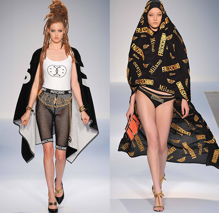 Moschino 2015 Spring Summer Womens Runway Looks - London Collections: Men British Fashion Council UK United Kingdom Jeremy Scott - Denim Jeans Hearts Halter Top Skirt Frock Crop Top Midriff Braid Hairstyle Bralette Peace Sign Soda Can Pop Art Coca-Cola Coke Graphic Motif Print Shirtdress Sweater Jumper Zippers Stripes Bandeau Jogging Sweatpants Mesh Leather Tankdress Robe Swim Bikini Smiley Bomber Jacket Coatdress Anorak 