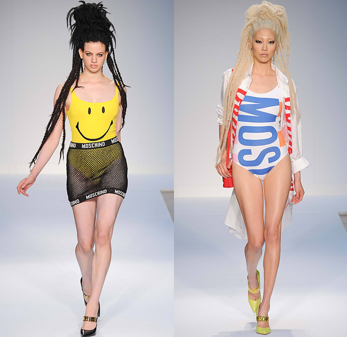 Moschino 2015 Spring Summer Womens Runway Looks - London Collections: Men British Fashion Council UK United Kingdom Jeremy Scott - Denim Jeans Hearts Halter Top Skirt Frock Crop Top Midriff Braid Hairstyle Bralette Peace Sign Soda Can Pop Art Coca-Cola Coke Graphic Motif Print Shirtdress Sweater Jumper Zippers Stripes Bandeau Jogging Sweatpants Mesh Leather Tankdress Robe Swim Bikini Smiley Bomber Jacket Coatdress Anorak 