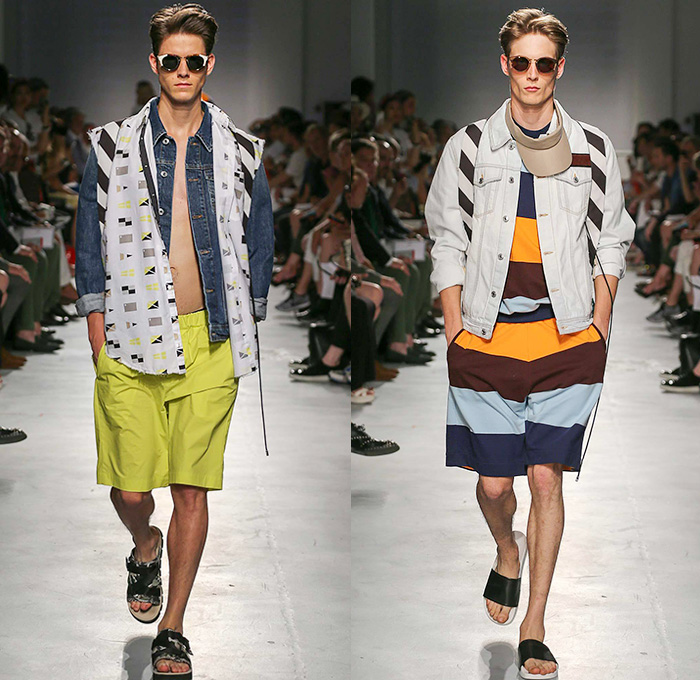 MSGM by Massimo Giorgetti 2015 Spring Summer Mens Runway Looks - Milano Moda Uomo Collezione Milan Fashion Week Italy Camera Nazionale della Moda Italiana - Denim Jeans Outerwear Trucker Jacket Shorts Vest Sleeveless Sandals Stripes Visor Sweater Jumper Backpack Coat Parka Hoodie Blazer Sportcoat Pants Trousers Road Hazard Stripes Checks