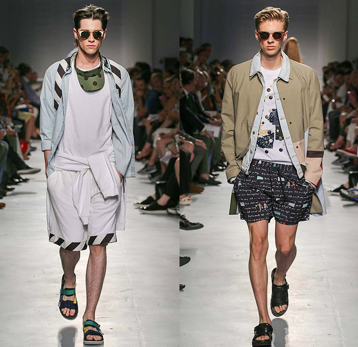 MSGM by Massimo Giorgetti 2015 Spring Summer Mens Runway Looks - Milano Moda Uomo Collezione Milan Fashion Week Italy Camera Nazionale della Moda Italiana - Denim Jeans Outerwear Trucker Jacket Shorts Vest Sleeveless Sandals Stripes Visor Sweater Jumper Backpack Coat Parka Hoodie Blazer Sportcoat Pants Trousers Road Hazard Stripes Checks