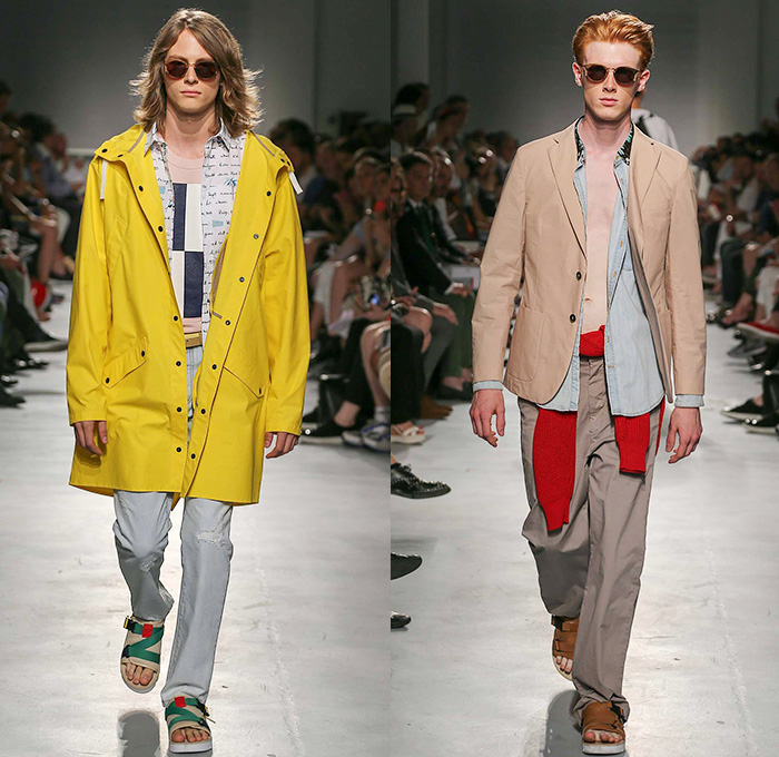 MSGM by Massimo Giorgetti 2015 Spring Summer Mens Runway Looks - Milano Moda Uomo Collezione Milan Fashion Week Italy Camera Nazionale della Moda Italiana - Denim Jeans Outerwear Trucker Jacket Shorts Vest Sleeveless Sandals Stripes Visor Sweater Jumper Backpack Coat Parka Hoodie Blazer Sportcoat Pants Trousers Road Hazard Stripes Checks