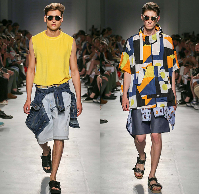 MSGM by Massimo Giorgetti 2015 Spring Summer Mens Runway Looks - Milano Moda Uomo Collezione Milan Fashion Week Italy Camera Nazionale della Moda Italiana - Denim Jeans Outerwear Trucker Jacket Shorts Vest Sleeveless Sandals Stripes Visor Sweater Jumper Backpack Coat Parka Hoodie Blazer Sportcoat Pants Trousers Road Hazard Stripes Checks