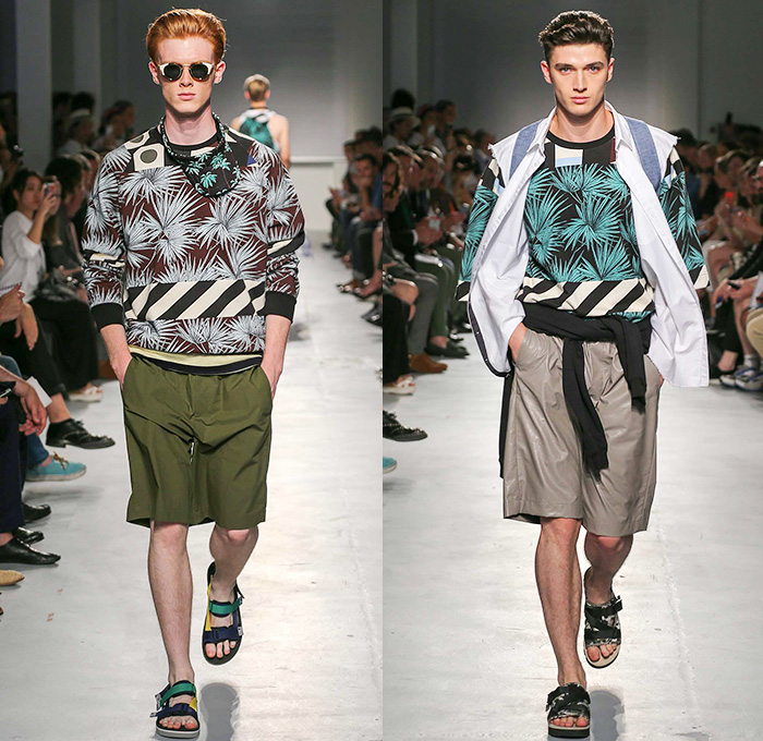 MSGM by Massimo Giorgetti 2015 Spring Summer Mens Runway Looks - Milano Moda Uomo Collezione Milan Fashion Week Italy Camera Nazionale della Moda Italiana - Denim Jeans Outerwear Trucker Jacket Shorts Vest Sleeveless Sandals Stripes Visor Sweater Jumper Backpack Coat Parka Hoodie Blazer Sportcoat Pants Trousers Road Hazard Stripes Checks