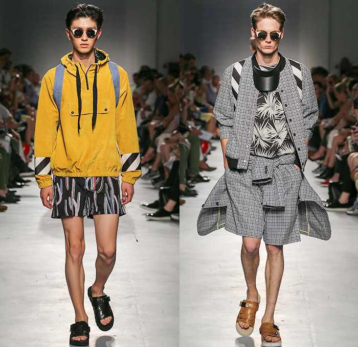 MSGM by Massimo Giorgetti 2015 Spring Summer Mens Runway Looks - Milano Moda Uomo Collezione Milan Fashion Week Italy Camera Nazionale della Moda Italiana - Denim Jeans Outerwear Trucker Jacket Shorts Vest Sleeveless Sandals Stripes Visor Sweater Jumper Backpack Coat Parka Hoodie Blazer Sportcoat Pants Trousers Road Hazard Stripes Checks