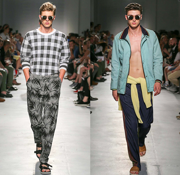 MSGM by Massimo Giorgetti 2015 Spring Summer Mens Runway Looks - Milano Moda Uomo Collezione Milan Fashion Week Italy Camera Nazionale della Moda Italiana - Denim Jeans Outerwear Trucker Jacket Shorts Vest Sleeveless Sandals Stripes Visor Sweater Jumper Backpack Coat Parka Hoodie Blazer Sportcoat Pants Trousers Road Hazard Stripes Checks