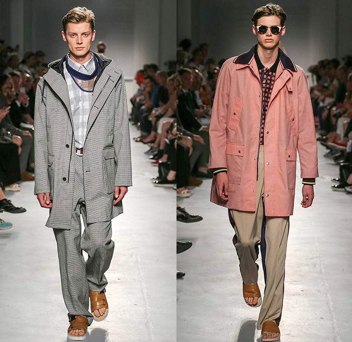 MSGM by Massimo Giorgetti 2015 Spring Summer Mens Runway Looks - Milano Moda Uomo Collezione Milan Fashion Week Italy Camera Nazionale della Moda Italiana - Denim Jeans Outerwear Trucker Jacket Shorts Vest Sleeveless Sandals Stripes Visor Sweater Jumper Backpack Coat Parka Hoodie Blazer Sportcoat Pants Trousers Road Hazard Stripes Checks