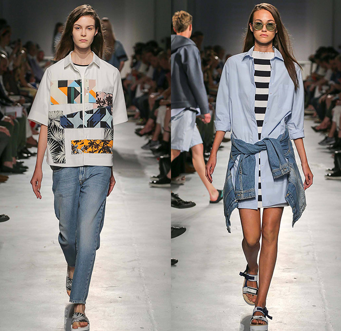 MSGM by Massimo Giorgetti 2015 Spring Summer Womens Runway Looks - Milano Moda Uomo Collezione Milan Fashion Week Italy Camera Nazionale della Moda Italiana - Denim Jeans Geometric Patterns Mix Match Foliage Leaves Fauna Stars Sandals Stripes Long Shirt Racing Check Patches Anorak Rain Jacket Hoodie Shirtdress