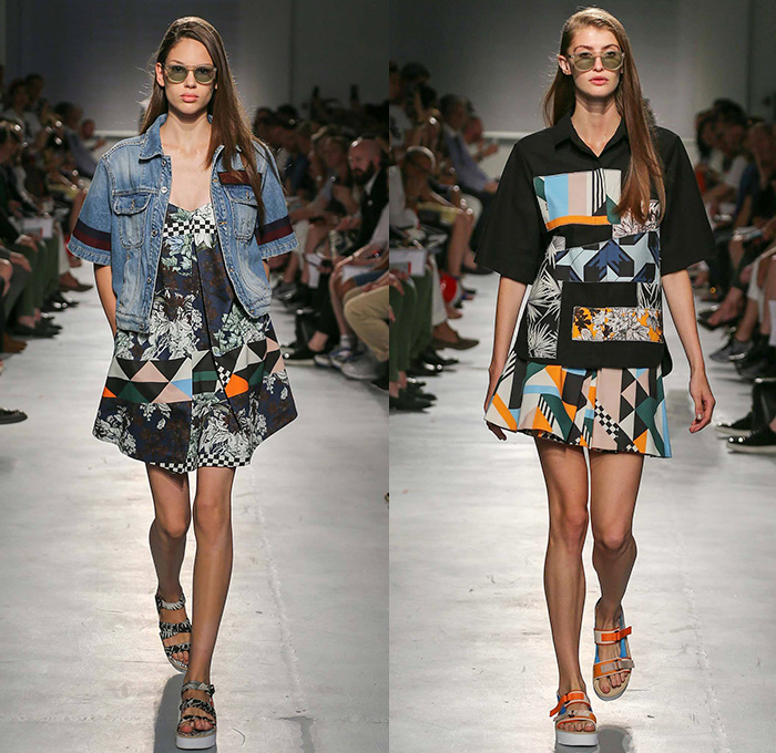 MSGM by Massimo Giorgetti 2015 Spring Summer Womens Runway Looks - Milano Moda Uomo Collezione Milan Fashion Week Italy Camera Nazionale della Moda Italiana - Denim Jeans Geometric Patterns Mix Match Foliage Leaves Fauna Stars Sandals Stripes Long Shirt Racing Check Patches Anorak Rain Jacket Hoodie Shirtdress