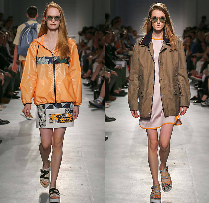 MSGM by Massimo Giorgetti 2015 Spring Summer Womens Runway Looks - Milano Moda Uomo Collezione Milan Fashion Week Italy Camera Nazionale della Moda Italiana - Denim Jeans Geometric Patterns Mix Match Foliage Leaves Fauna Stars Sandals Stripes Long Shirt Racing Check Patches Anorak Rain Jacket Hoodie Shirtdress