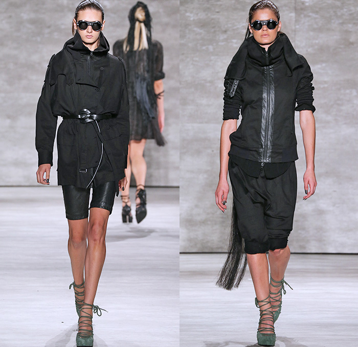 Nicholas K 2015 Spring Summer Womens Runway Catwalk Looks - Mercedes-Benz Fashion Week New York MBFW - Safari Desert Utilitarian Head Wrap Drapery Silk Outerwear Parka Jacket Shorts Fringes Fold Up Roll Up Rope Waist Knee Panels Blouse Shawl Collar Knit Cardigan Hoodie Scarf Leather Waist Pouch Fanny Pack 3D Embellishments Asymmetrical Maxi Dress Skirt Frock Harness Black White Ensemble