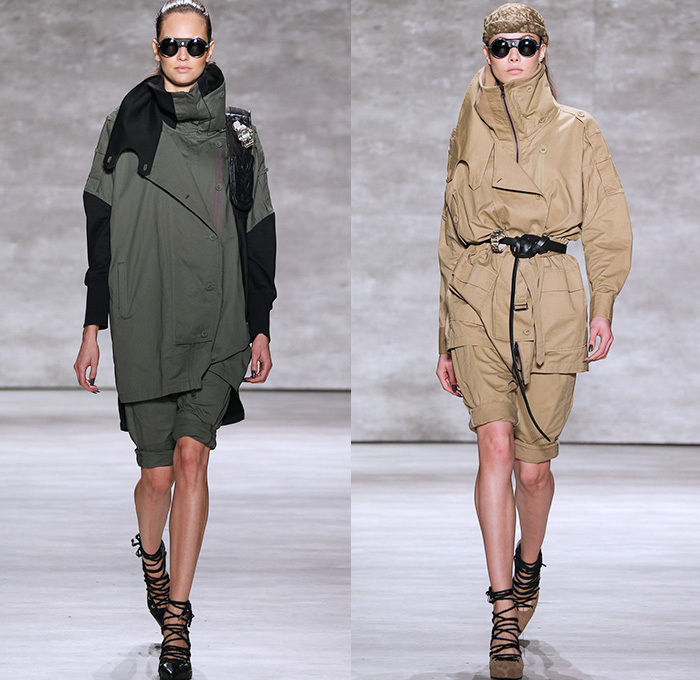 Nicholas K 2015 Spring Summer Womens Runway Catwalk Looks - Mercedes-Benz Fashion Week New York MBFW - Safari Desert Utilitarian Head Wrap Drapery Silk Outerwear Parka Jacket Shorts Fringes Fold Up Roll Up Rope Waist Knee Panels Blouse Shawl Collar Knit Cardigan Hoodie Scarf Leather Waist Pouch Fanny Pack 3D Embellishments Asymmetrical Maxi Dress Skirt Frock Harness Black White Ensemble