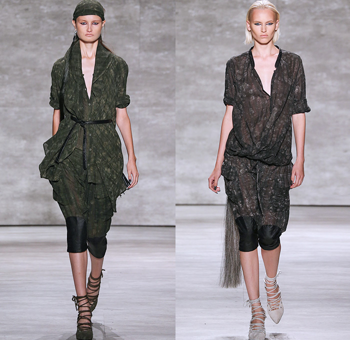 Nicholas K 2015 Spring Summer Womens Runway Catwalk Looks - Mercedes-Benz Fashion Week New York MBFW - Safari Desert Utilitarian Head Wrap Drapery Silk Outerwear Parka Jacket Shorts Fringes Fold Up Roll Up Rope Waist Knee Panels Blouse Shawl Collar Knit Cardigan Hoodie Scarf Leather Waist Pouch Fanny Pack 3D Embellishments Asymmetrical Maxi Dress Skirt Frock Harness Black White Ensemble