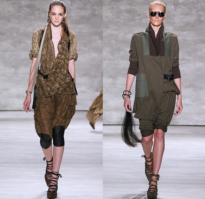 Nicholas K 2015 Spring Summer Womens Runway Catwalk Looks - Mercedes-Benz Fashion Week New York MBFW - Safari Desert Utilitarian Head Wrap Drapery Silk Outerwear Parka Jacket Shorts Fringes Fold Up Roll Up Rope Waist Knee Panels Blouse Shawl Collar Knit Cardigan Hoodie Scarf Leather Waist Pouch Fanny Pack 3D Embellishments Asymmetrical Maxi Dress Skirt Frock Harness Black White Ensemble