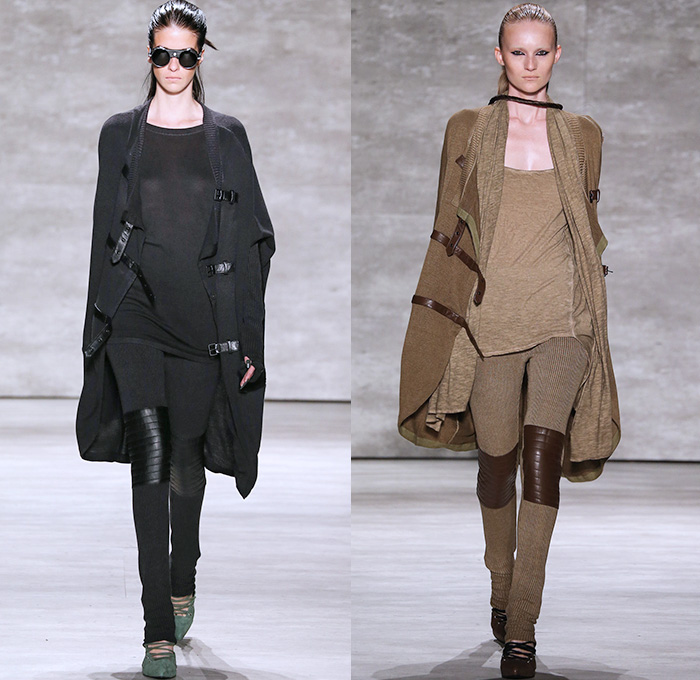 Nicholas K 2015 Spring Summer Womens Runway Catwalk Looks - Mercedes-Benz Fashion Week New York MBFW - Safari Desert Utilitarian Head Wrap Drapery Silk Outerwear Parka Jacket Shorts Fringes Fold Up Roll Up Rope Waist Knee Panels Blouse Shawl Collar Knit Cardigan Hoodie Scarf Leather Waist Pouch Fanny Pack 3D Embellishments Asymmetrical Maxi Dress Skirt Frock Harness Black White Ensemble