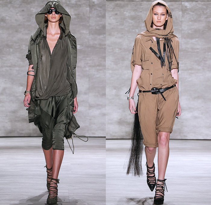 Nicholas K 2015 Spring Summer Womens Runway Catwalk Looks - Mercedes-Benz Fashion Week New York MBFW - Safari Desert Utilitarian Head Wrap Drapery Silk Outerwear Parka Jacket Shorts Fringes Fold Up Roll Up Rope Waist Knee Panels Blouse Shawl Collar Knit Cardigan Hoodie Scarf Leather Waist Pouch Fanny Pack 3D Embellishments Asymmetrical Maxi Dress Skirt Frock Harness Black White Ensemble