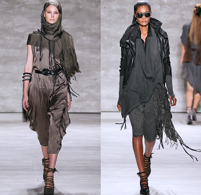 Nicholas K 2015 Spring Summer Womens Runway Catwalk Looks - Mercedes-Benz Fashion Week New York MBFW - Safari Desert Utilitarian Head Wrap Drapery Silk Outerwear Parka Jacket Shorts Fringes Fold Up Roll Up Rope Waist Knee Panels Blouse Shawl Collar Knit Cardigan Hoodie Scarf Leather Waist Pouch Fanny Pack 3D Embellishments Asymmetrical Maxi Dress Skirt Frock Harness Black White Ensemble