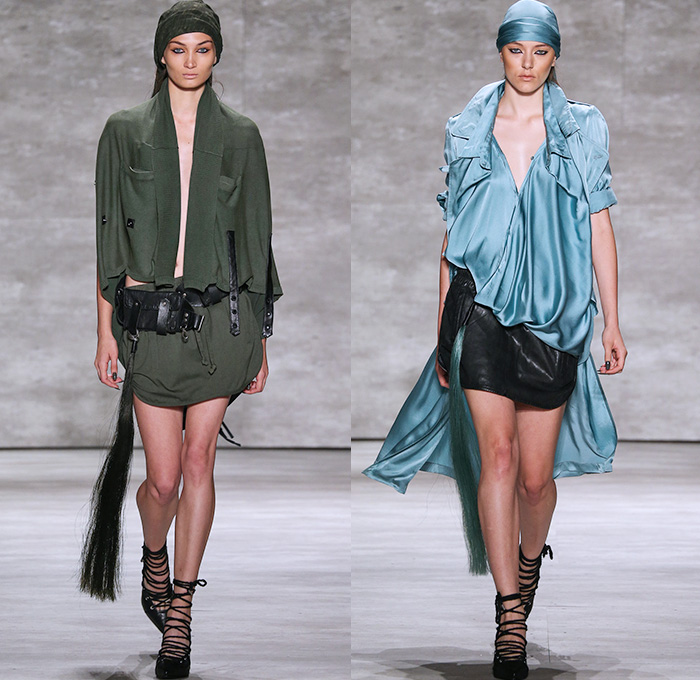 Nicholas K 2015 Spring Summer Womens Runway Catwalk Looks - Mercedes-Benz Fashion Week New York MBFW - Safari Desert Utilitarian Head Wrap Drapery Silk Outerwear Parka Jacket Shorts Fringes Fold Up Roll Up Rope Waist Knee Panels Blouse Shawl Collar Knit Cardigan Hoodie Scarf Leather Waist Pouch Fanny Pack 3D Embellishments Asymmetrical Maxi Dress Skirt Frock Harness Black White Ensemble