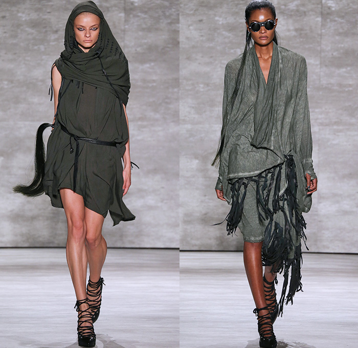 Nicholas K 2015 Spring Summer Womens Runway Catwalk Looks - Mercedes-Benz Fashion Week New York MBFW - Safari Desert Utilitarian Head Wrap Drapery Silk Outerwear Parka Jacket Shorts Fringes Fold Up Roll Up Rope Waist Knee Panels Blouse Shawl Collar Knit Cardigan Hoodie Scarf Leather Waist Pouch Fanny Pack 3D Embellishments Asymmetrical Maxi Dress Skirt Frock Harness Black White Ensemble