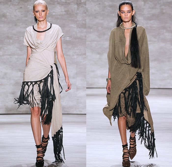 Nicholas K 2015 Spring Summer Womens Runway Catwalk Looks - Mercedes-Benz Fashion Week New York MBFW - Safari Desert Utilitarian Head Wrap Drapery Silk Outerwear Parka Jacket Shorts Fringes Fold Up Roll Up Rope Waist Knee Panels Blouse Shawl Collar Knit Cardigan Hoodie Scarf Leather Waist Pouch Fanny Pack 3D Embellishments Asymmetrical Maxi Dress Skirt Frock Harness Black White Ensemble