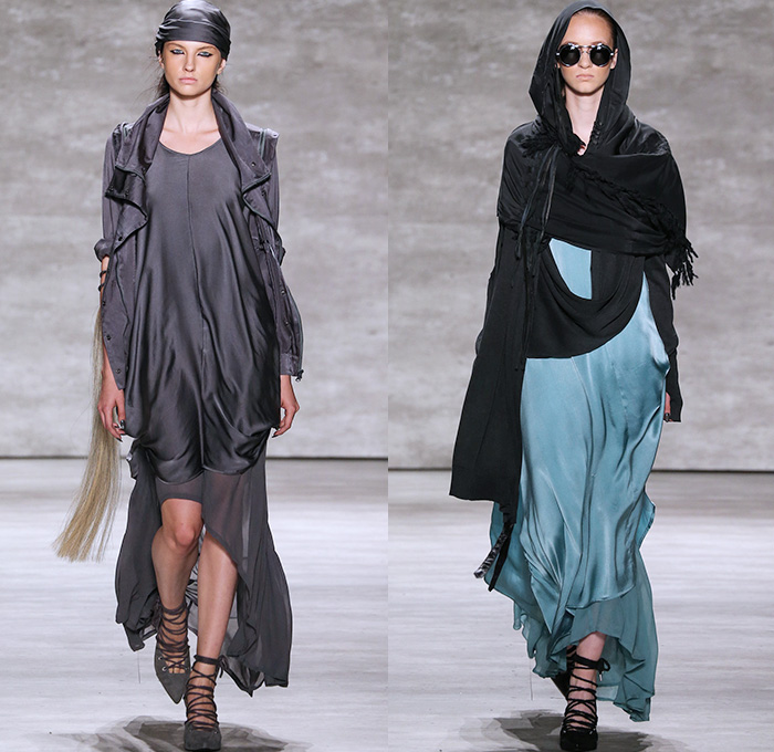 Nicholas K 2015 Spring Summer Womens Runway Catwalk Looks - Mercedes-Benz Fashion Week New York MBFW - Safari Desert Utilitarian Head Wrap Drapery Silk Outerwear Parka Jacket Shorts Fringes Fold Up Roll Up Rope Waist Knee Panels Blouse Shawl Collar Knit Cardigan Hoodie Scarf Leather Waist Pouch Fanny Pack 3D Embellishments Asymmetrical Maxi Dress Skirt Frock Harness Black White Ensemble