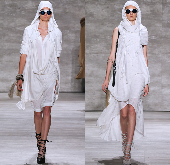 Nicholas K 2015 Spring Summer Womens Runway Catwalk Looks - Mercedes-Benz Fashion Week New York MBFW - Safari Desert Utilitarian Head Wrap Drapery Silk Outerwear Parka Jacket Shorts Fringes Fold Up Roll Up Rope Waist Knee Panels Blouse Shawl Collar Knit Cardigan Hoodie Scarf Leather Waist Pouch Fanny Pack 3D Embellishments Asymmetrical Maxi Dress Skirt Frock Harness Black White Ensemble