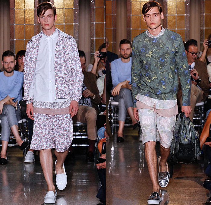 N°21 2015 Spring Summer Mens Runway Looks - Numero Ventuno by Alessandro Dell'Acqua Milano Moda Uomo Collezione Milan Fashion Week Italy Camera Nazionale della Moda Italiana - Denim Jeans Outerwear Coat Parka Jacket Shorts Checks Gingham Suit Blazer Print Graphic Pattern Knight Horse Medieval Foliage Leaves Fauna Flowers Florals Flora Botanical Backpack Multi-Panel Duffel Bag Sweater Jumper Racing Checks Lace 3D Cutout Perforated Zebra Stripes Swirls