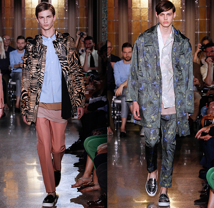 N°21 2015 Spring Summer Mens Runway Looks - Numero Ventuno by Alessandro Dell'Acqua Milano Moda Uomo Collezione Milan Fashion Week Italy Camera Nazionale della Moda Italiana - Denim Jeans Outerwear Coat Parka Jacket Shorts Checks Gingham Suit Blazer Print Graphic Pattern Knight Horse Medieval Foliage Leaves Fauna Flowers Florals Flora Botanical Backpack Multi-Panel Duffel Bag Sweater Jumper Racing Checks Lace 3D Cutout Perforated Zebra Stripes Swirls
