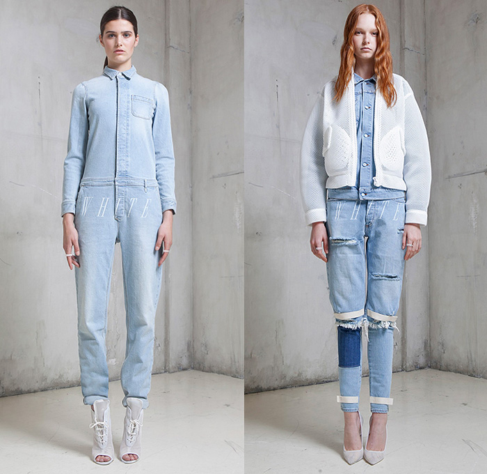 Off-White Virgil Abloh 2015 Spring Summer Womens Lookbook Presentation - Mode à Paris Fashion Week Prêt-à-Porter Mode Féminin Femme France - Denim Jeans Destroyed Destructed Frayed Jumpsuit Mesh Banded Strap Outerwear Jacket Patched Paint Stains Smudges Sweatshirt Lace Half Skirt White Ensemble Ruffles Accordion Pleats Tiered Layers High Slit Skirt Frock Curved Hem Anorak Leaves Foliage Print Motif