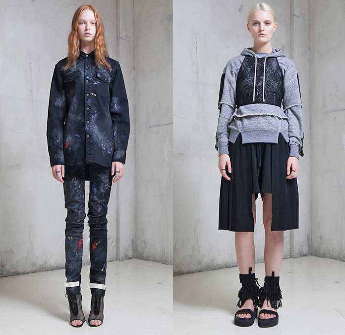 Off-White Virgil Abloh 2015 Spring Summer Womens Lookbook Presentation - Mode à Paris Fashion Week Prêt-à-Porter Mode Féminin Femme France - Denim Jeans Destroyed Destructed Frayed Jumpsuit Mesh Banded Strap Outerwear Jacket Patched Paint Stains Smudges Sweatshirt Lace Half Skirt White Ensemble Ruffles Accordion Pleats Tiered Layers High Slit Skirt Frock Curved Hem Anorak Leaves Foliage Print Motif