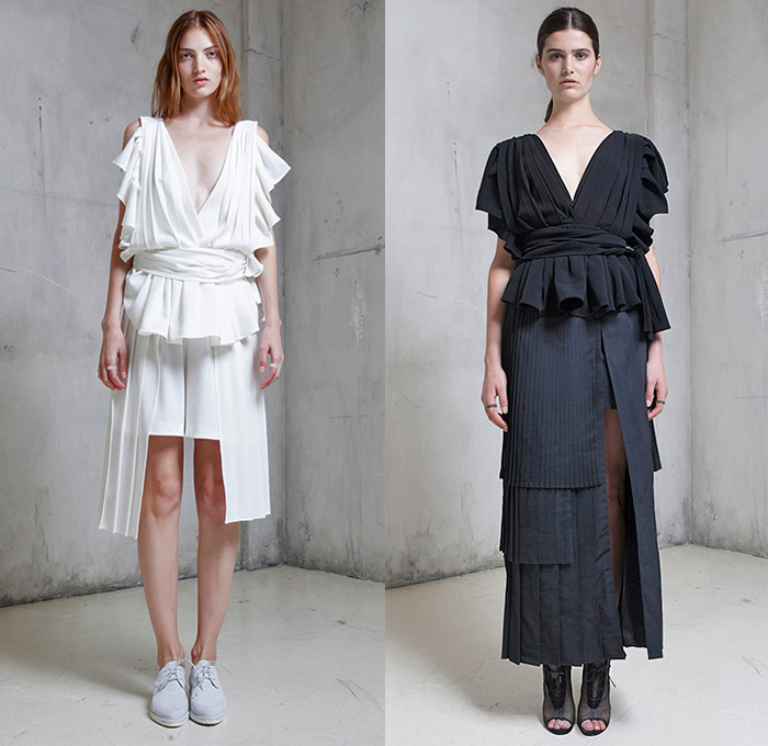 Off-White Virgil Abloh 2015 Spring Summer Womens Lookbook Presentation - Mode à Paris Fashion Week Prêt-à-Porter Mode Féminin Femme France - Denim Jeans Destroyed Destructed Frayed Jumpsuit Mesh Banded Strap Outerwear Jacket Patched Paint Stains Smudges Sweatshirt Lace Half Skirt White Ensemble Ruffles Accordion Pleats Tiered Layers High Slit Skirt Frock Curved Hem Anorak Leaves Foliage Print Motif